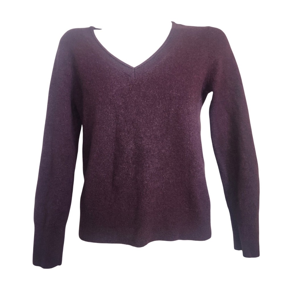 HALOGEN Plum Purple V-Neck Long Sleeve Knit Pullover Sweater Ribbed Trim Luxury